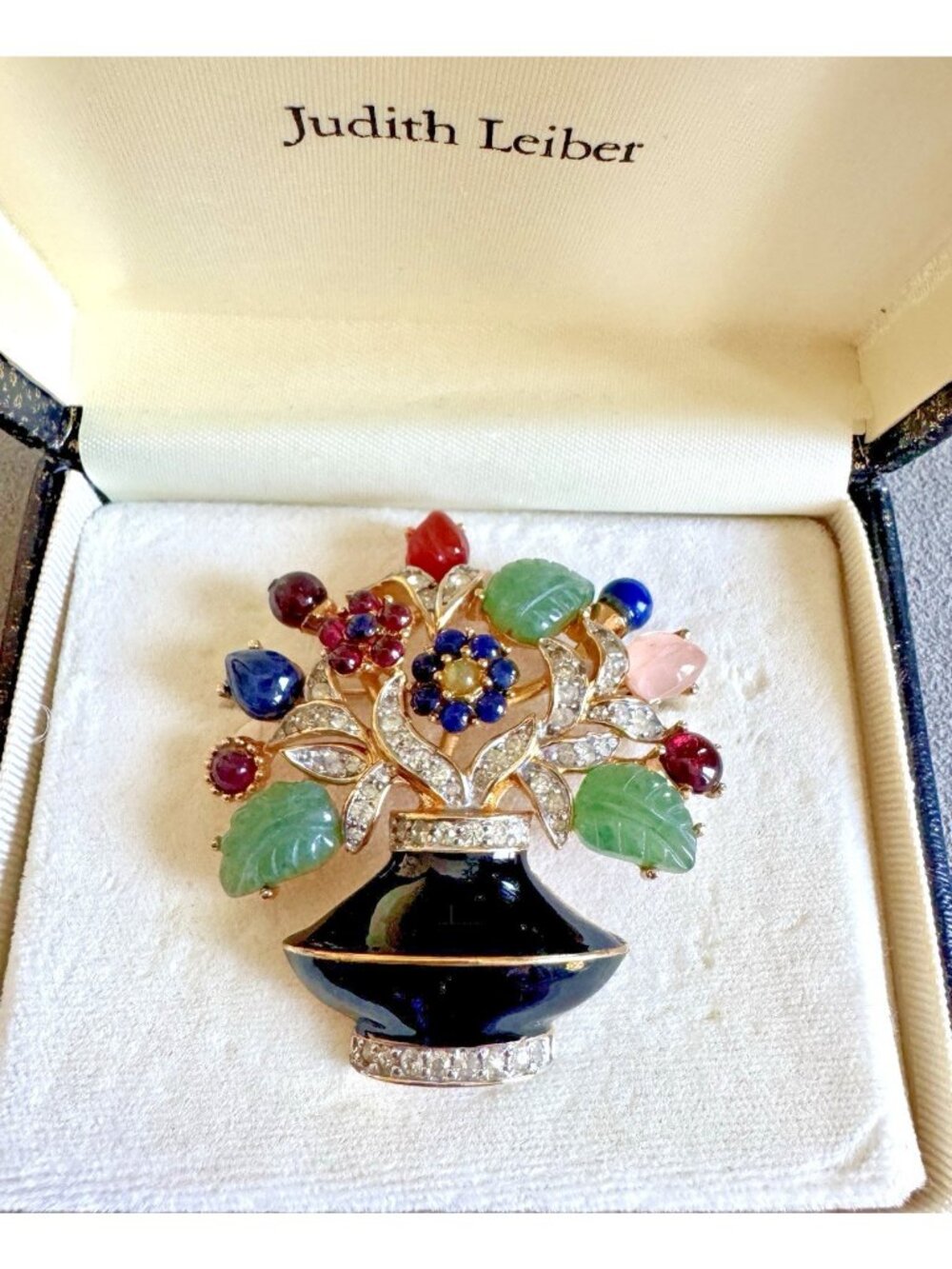 Vtg JUDITH LEIBER Floral Multi-GEMSTONE & Enamel BROOCH Tutti Frutti in Orig Box